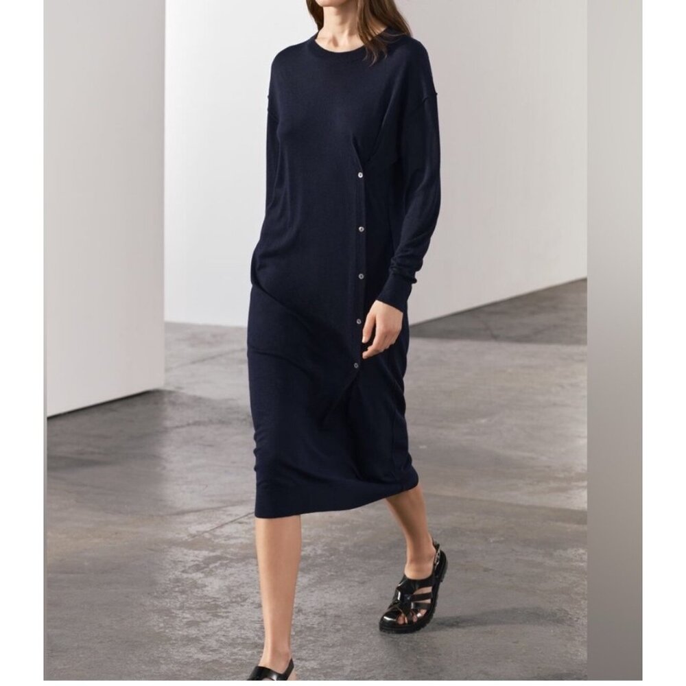 Zara‎ knit dress with side button wool blend midi money navy 90s sz M